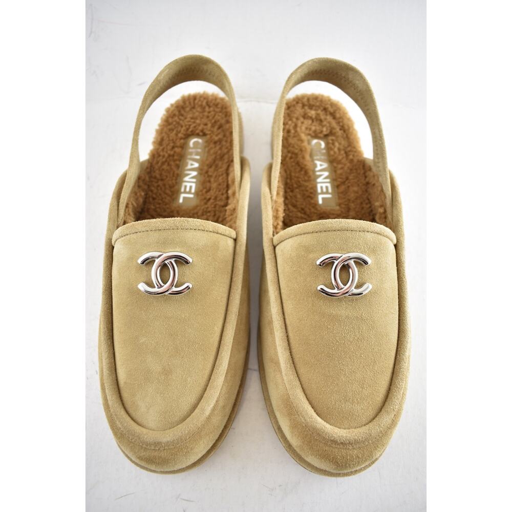 Chanel Dark Beige Suede Shearling CC Moccasin Ballet Slingback Loafer Flat 40 - Picture 4 of 16